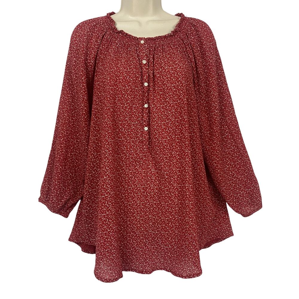 Chaps Top Womens Large Red Dainty Floral Peasant Farmhouse Cottage Gauzy Flowy
